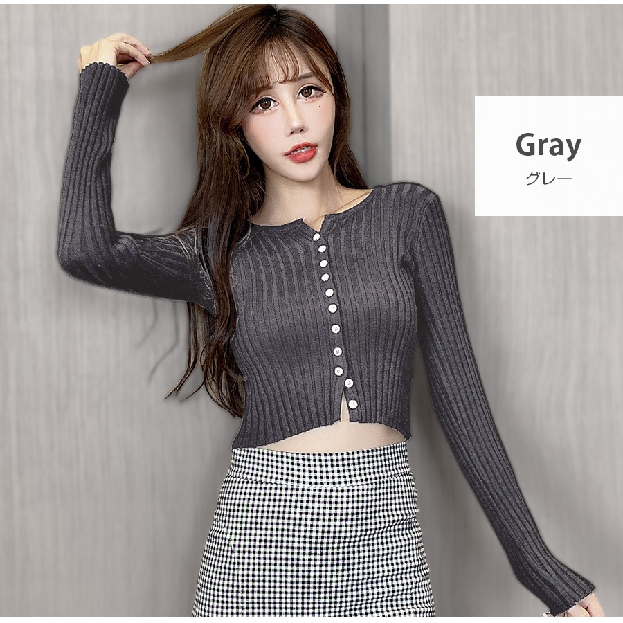 カーディガン レディース 春夏秋冬 新作 ニット セーター トップス 羽織 ショート丈 へそ出し 肌見せ リブ ラウンドネック 長袖 無地 ボタン シンプル おしゃれ 可愛い 韓国風 韓流 グレー ブラック 黒 フリーサイズ JOCOSA 8355 送料無料 即納