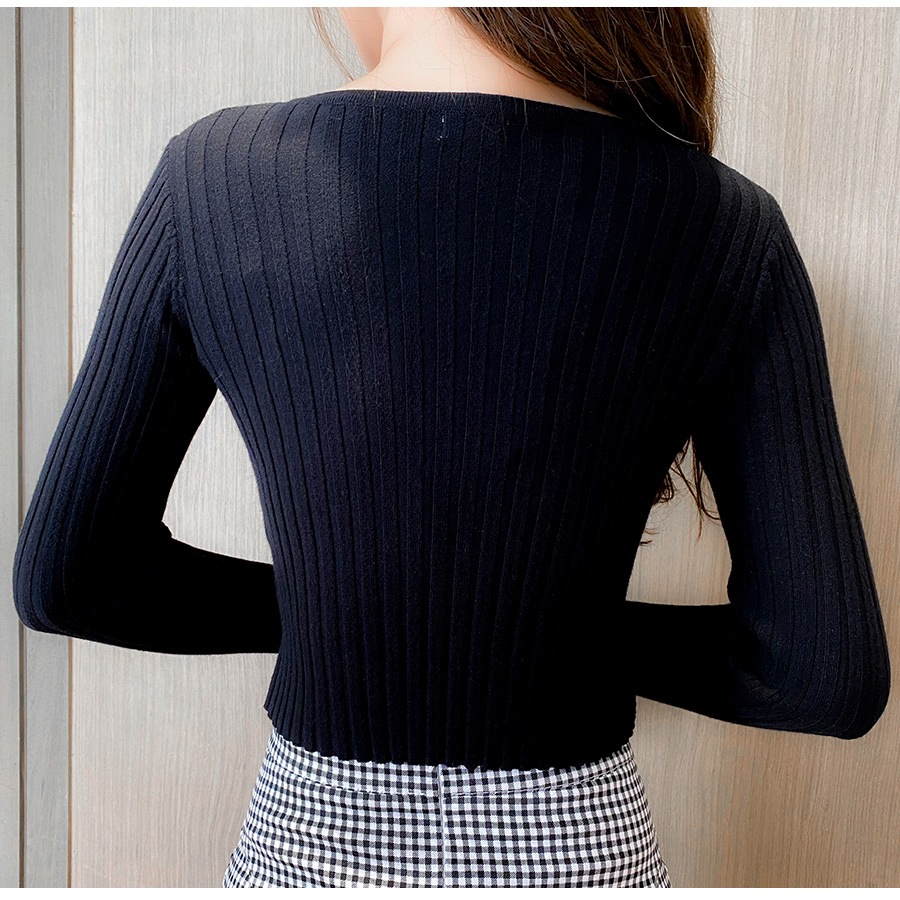 カーディガン レディース 春夏秋冬 新作 ニット セーター トップス 羽織 ショート丈 へそ出し 肌見せ リブ ラウンドネック 長袖 無地 ボタン シンプル おしゃれ 可愛い 韓国風 韓流 グレー ブラック 黒 フリーサイズ JOCOSA 8355 送料無料 即納