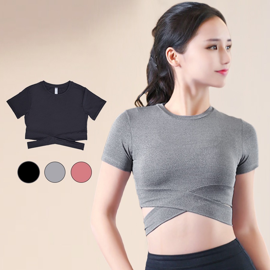 Tシャツ スポーツウェア トップス レディース 春夏秋冬 新作 半袖 へそ出し タイト ウエストクロス ショート丈 スポーティー おしゃれ 大人可愛い フィットネス ヨガ ジム 韓国風 ブラック 黒 グレー 灰 S M L XL JOCOSA 8731 送料無料 即納
