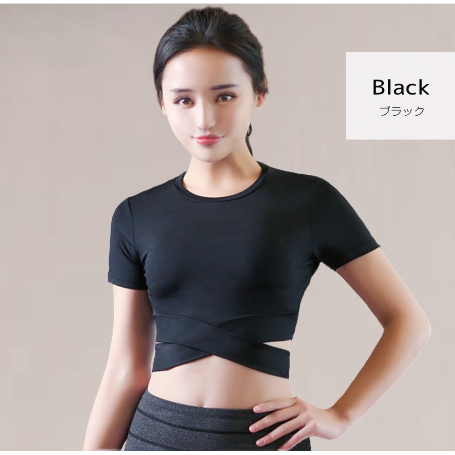 Tシャツ スポーツウェア トップス レディース 春夏秋冬 新作 半袖 へそ出し タイト ウエストクロス ショート丈 スポーティー おしゃれ 大人可愛い フィットネス ヨガ ジム 韓国風 ブラック 黒 グレー 灰 S M L XL JOCOSA 8731 送料無料 即納