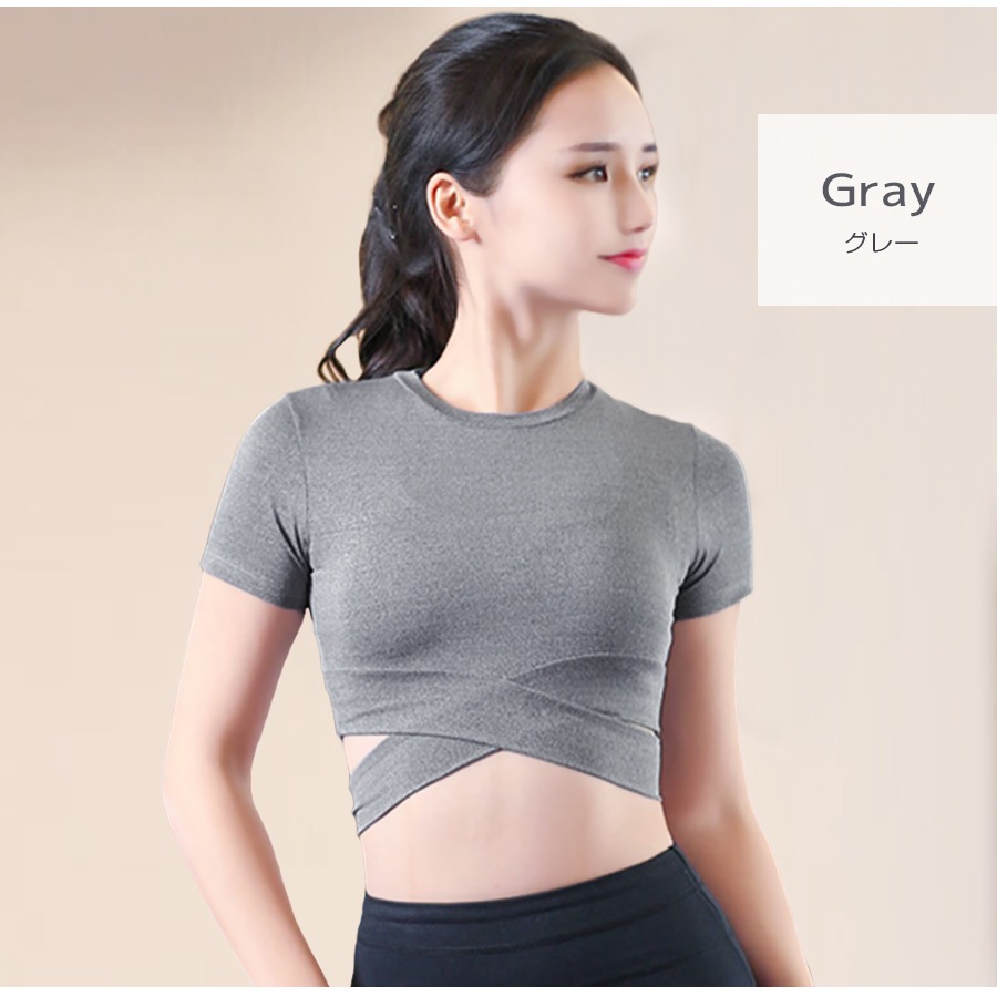 Tシャツ スポーツウェア トップス レディース 春夏秋冬 新作 半袖 へそ出し タイト ウエストクロス ショート丈 スポーティー おしゃれ 大人可愛い フィットネス ヨガ ジム 韓国風 ブラック 黒 グレー 灰 S M L XL JOCOSA 8731 送料無料 即納