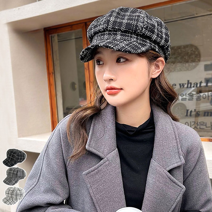 キャスケット 帽子 レディース 韓国 韓国ファッション チェック柄 アジャスター付き おしゃれ 大人 可愛い キャップ 春 秋 冬 新作 ブラック 黒 グレー 灰 ホワイト 白 フリーサイズ JOCOSA 9401