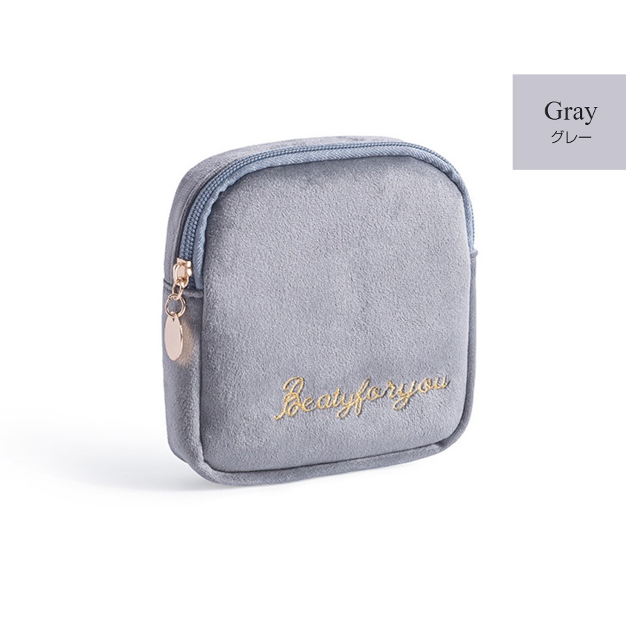 化粧ポーチ メイクポーチ 小物入れ ベロア サニタリーポーチ サニタリーケース 生理用品 衛生用品 ナプキンポーチ ナプキン 化粧品 コスメ 収納 リップ メイク ワンポイント ロゴ 刺繍 裏地付き ブラック 黒 グレー 灰 ベージュ 茶 ブルー 青 ピンク レッド 赤 JOCOSA 9033