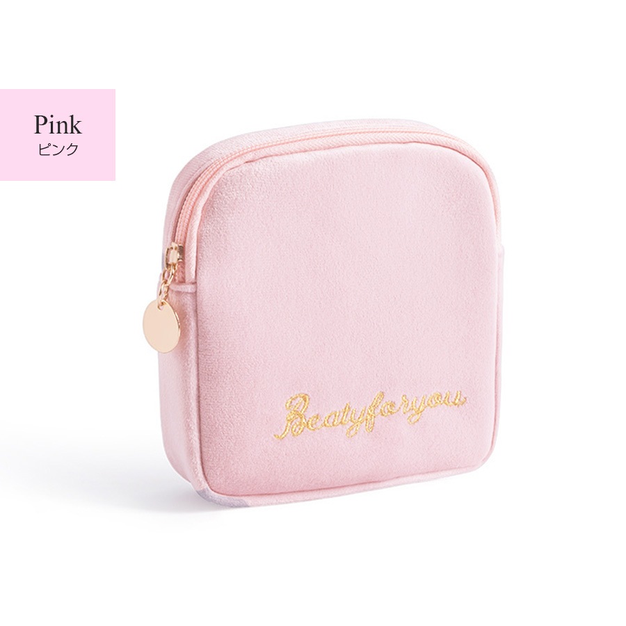 化粧ポーチ メイクポーチ 小物入れ ベロア サニタリーポーチ サニタリーケース 生理用品 衛生用品 ナプキンポーチ ナプキン 化粧品 コスメ 収納 リップ メイク ワンポイント ロゴ 刺繍 裏地付き ブラック 黒 グレー 灰 ベージュ 茶 ブルー 青 ピンク レッド 赤 JOCOSA 9033
