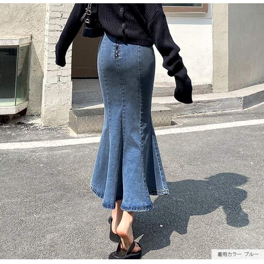 デニムスカート ロング丈 マーメイドライン スリット タイトスカート カジュアル キレイめ シンプル 無地 お出かけ デート 韓国ファッション レディース 新作 春 夏 秋 ブラック 黒 ブルー 青 S M L XL JOCOSA 9103