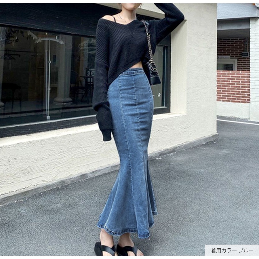 デニムスカート ロング丈 マーメイドライン スリット タイトスカート カジュアル キレイめ シンプル 無地 お出かけ デート 韓国ファッション レディース 新作 春 夏 秋 ブラック 黒 ブルー 青 S M L XL JOCOSA 9103