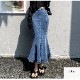 デニムスカート ロング丈 マーメイドライン スリット タイトスカート カジュアル キレイめ シンプル 無地 お出かけ デート 韓国ファッション レディース 新作 春 夏 秋 ブラック 黒 ブルー 青 S M L XL JOCOSA 9103