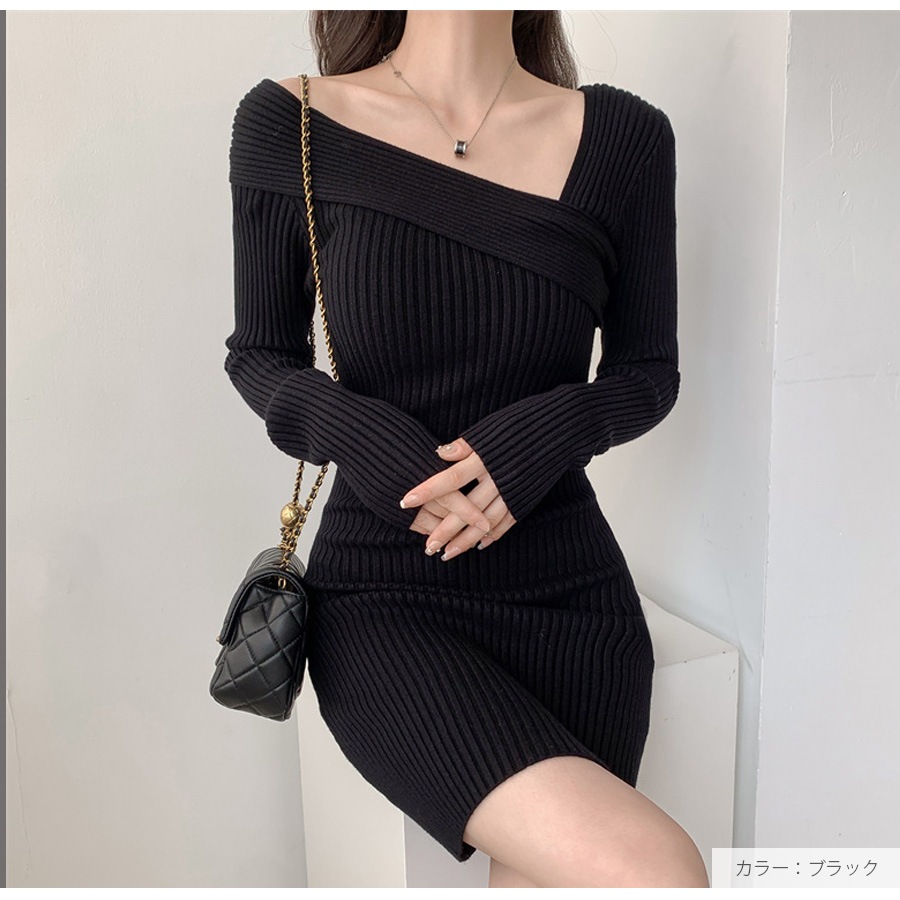 ニットワンピース ワンショルダー アシンメトリー 前後2way 長袖 膝上丈 レディース 春 秋 冬 新作 ブラック ベージュ フリーサイズ JOCOSA 9299