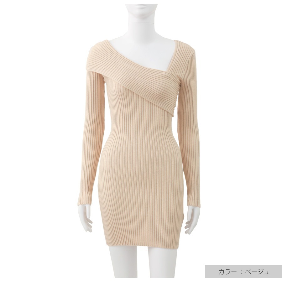 ニットワンピース ワンショルダー アシンメトリー 前後2way 長袖 膝上丈 レディース 春 秋 冬 新作 ブラック ベージュ フリーサイズ JOCOSA 9299