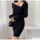 ニットワンピース ワンショルダー アシンメトリー 前後2way 長袖 膝上丈 レディース 春 秋 冬 新作 ブラック ベージュ フリーサイズ JOCOSA 9299