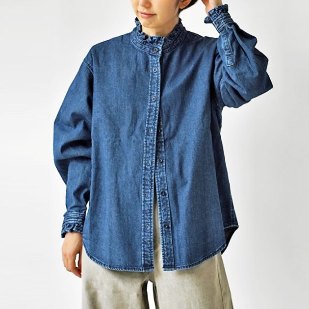 < kelen > RUFFLE DESIGN DENIM SHIRT SYNTH