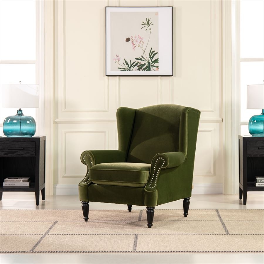 1人掛 ウィングバック アームチェア V036 Velour Olive Green