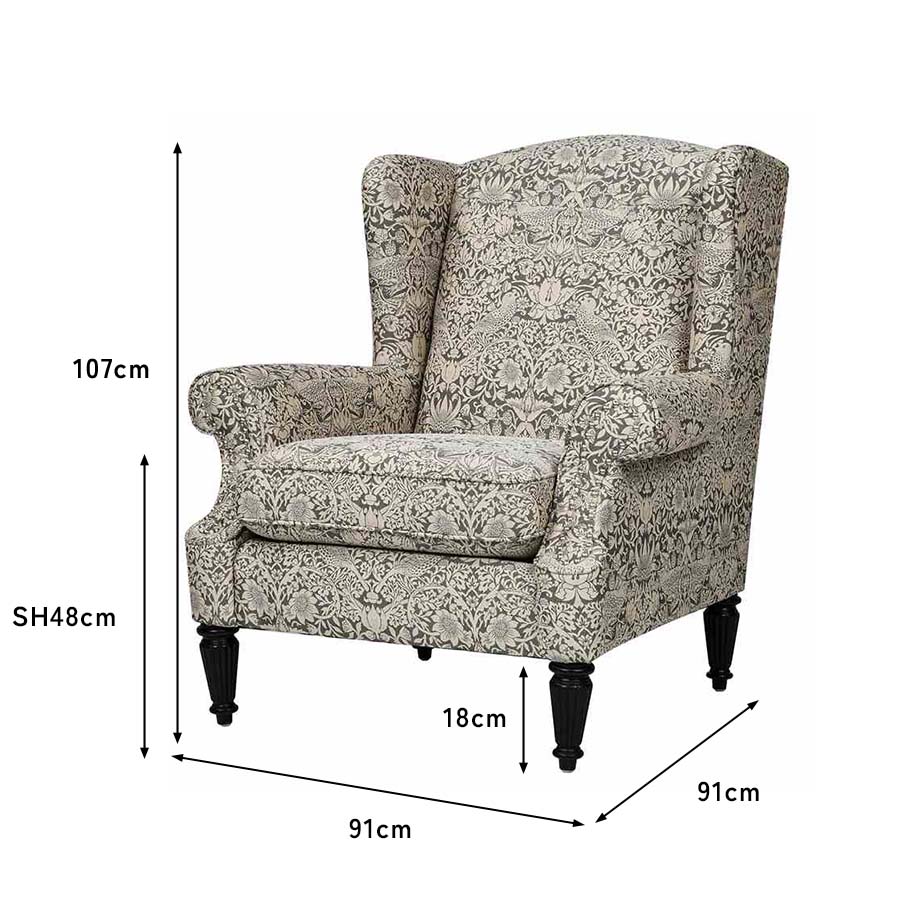 ウィングバック アームチェア 1人掛け Strawberry Thief Gray VI04