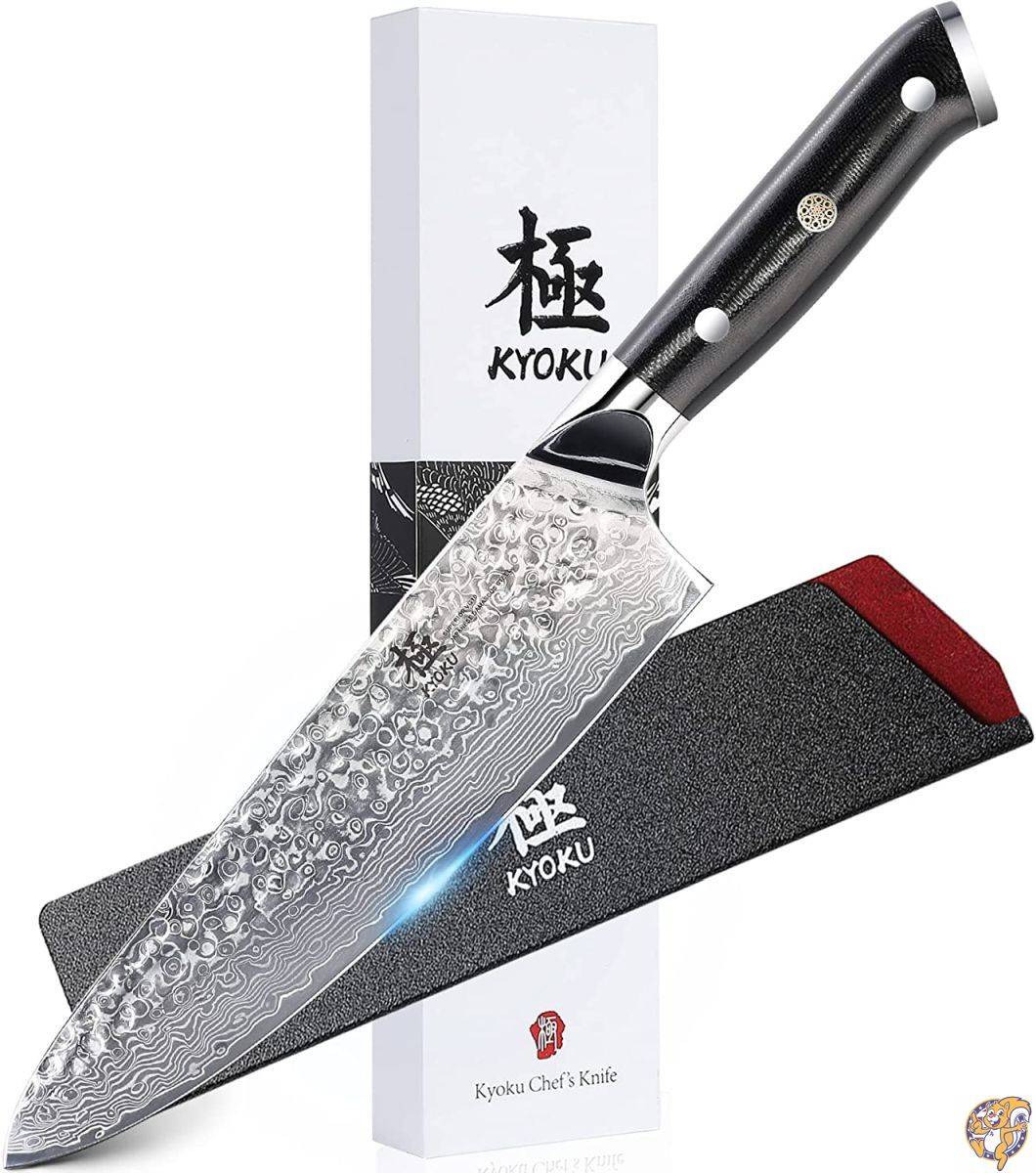 KYOKU シェフナイフ - 8インチ - 日本製VG10 スチールコア ハンマー加工 ダマスカス刃 - 鞘とケース付き|包丁  ナイフ|アメリカ調理家電：種類別