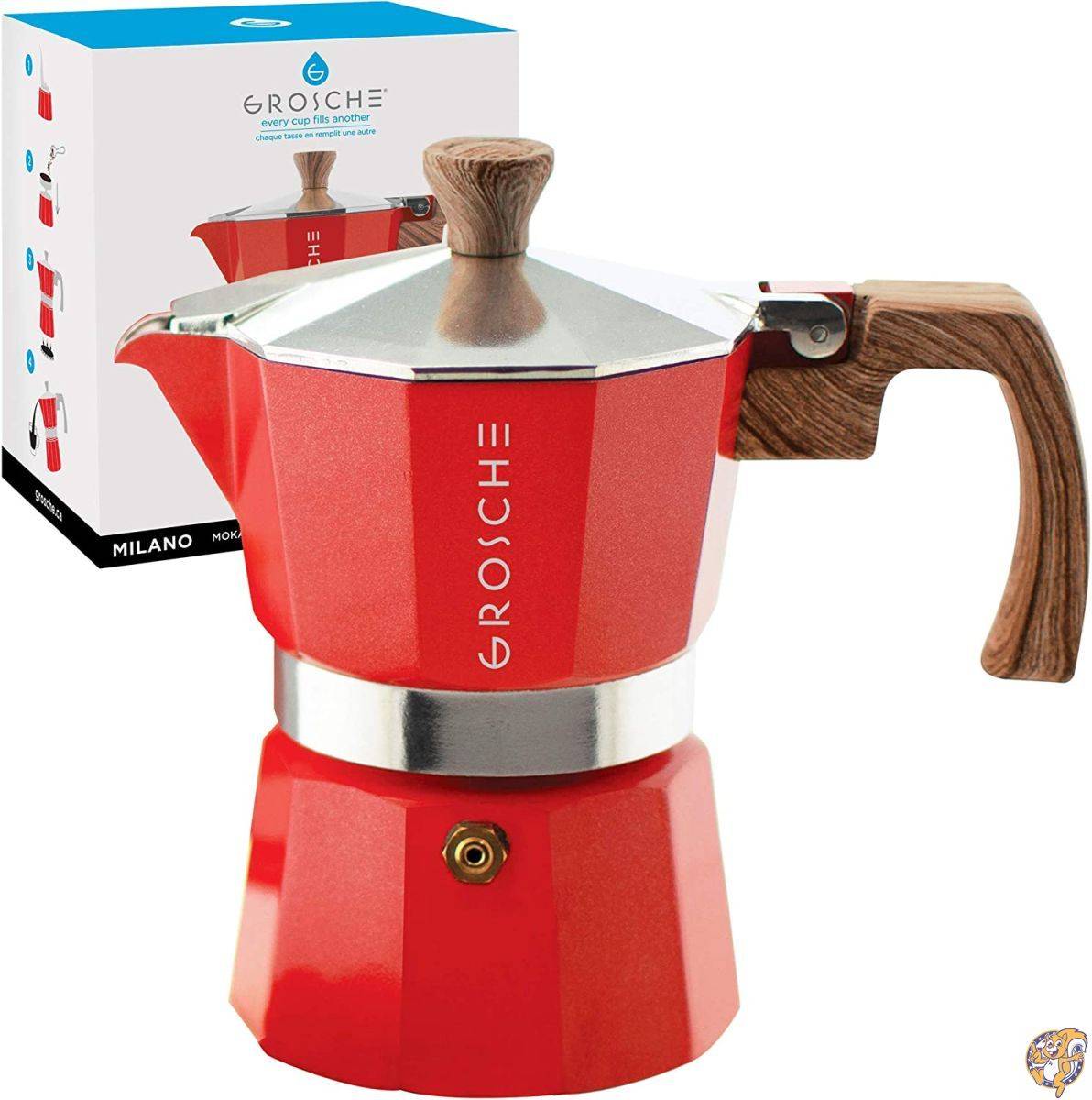 GROSCHE ミラノ ストーブトップ エスプレッソメーカー モカポット 3エスプレッソカップ - 5オンス レッド -| コーヒーメーカー|アメリカ調理家電：種類別