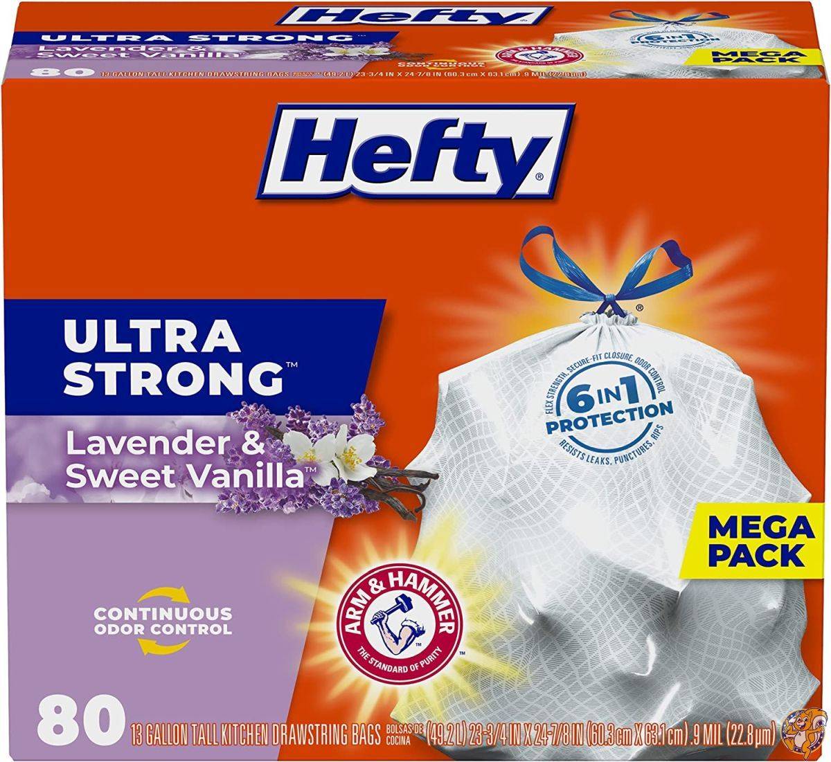 Hefty Ultra Strong Trash Bags (Lavender Sweet Vanilla, Tall Kitchen Drawstring, 13 Gallon, 80 Count)