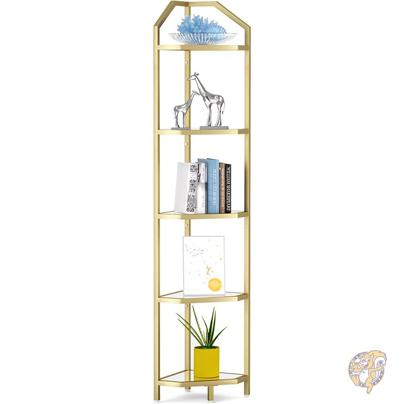 ABCD　送料込み　店舗什器　ガラス製5段棚　アンティークゴールドフレーム 5段コーナーシェルフスタンド ゴールド コーナー本棚 バスルーム