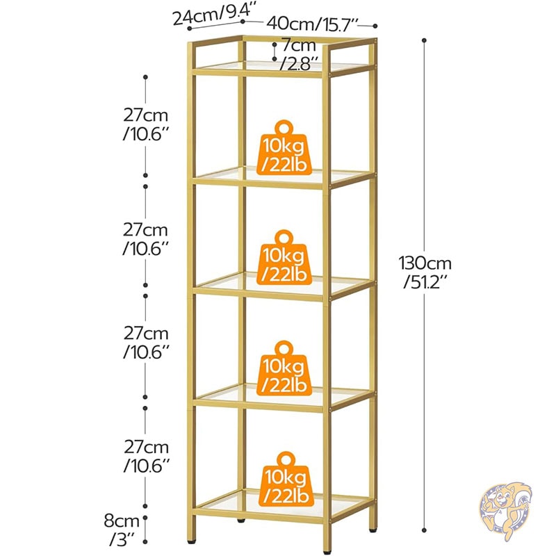 5段ゴールド本棚 強化ガラス リビングルーム用スリム棚ユニット 狭い