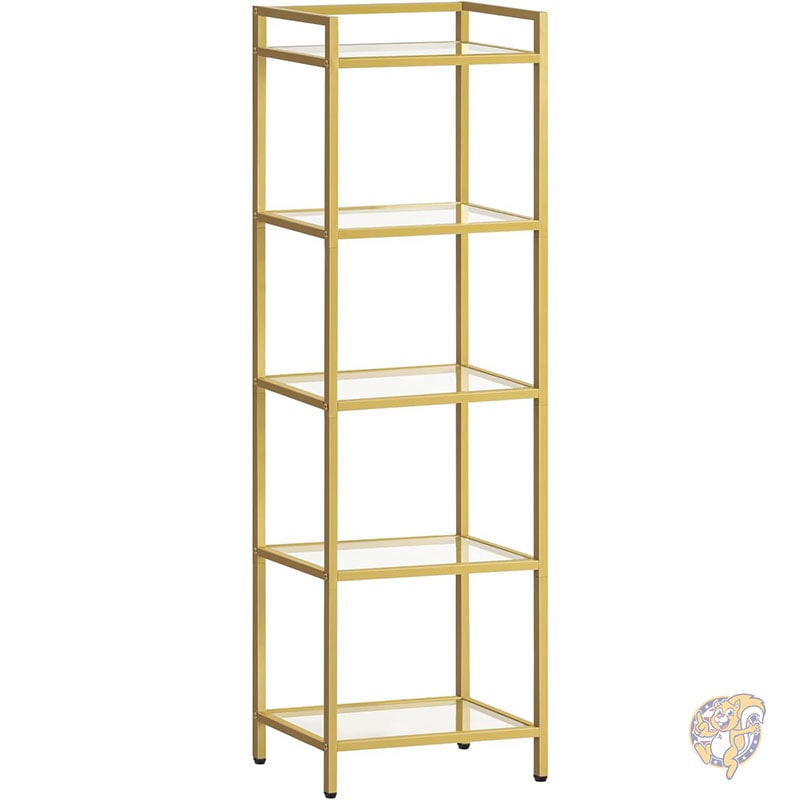 5段ゴールド本棚 強化ガラス リビングルーム用スリム棚ユニット 狭い