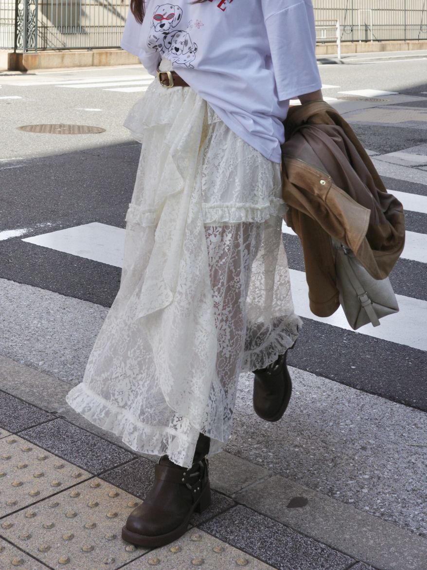 ジュメロ feather rame skirt ロングスカート ホワイト jumelle（ジュメロ）の「【伸縮性抜群！】feather rame skirt