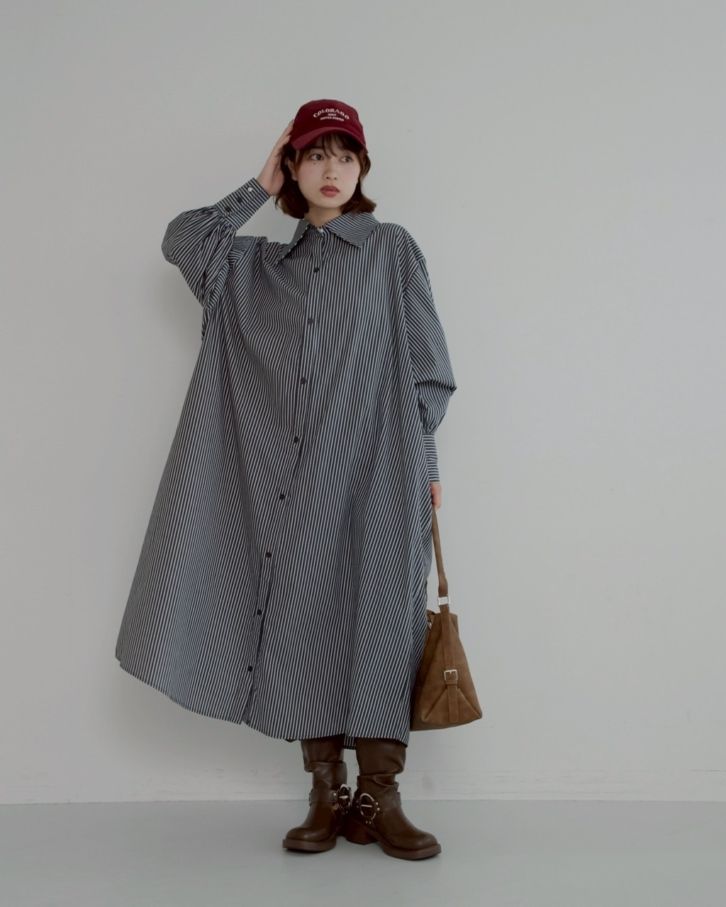 極美品＊ヴィンセントジャルベール リネンバンドカラーシャツワンピース ストライプ 極美品＊ヴィンセントジャルベール リネンバンドカラーシャツ