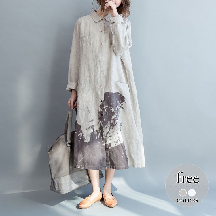 ワンピース 襟付き プリント柄 イラスト Aライン スリット シャツワンピース ロング丈 ステッチ ポケット ボタン ナチュラルコーデ ナチュラル 大きいサイズ ママ フェミニン 休日スタイル ゆったり 母親 女子会 爽やか デート Ogo66 6f Daily Casual ライバルは