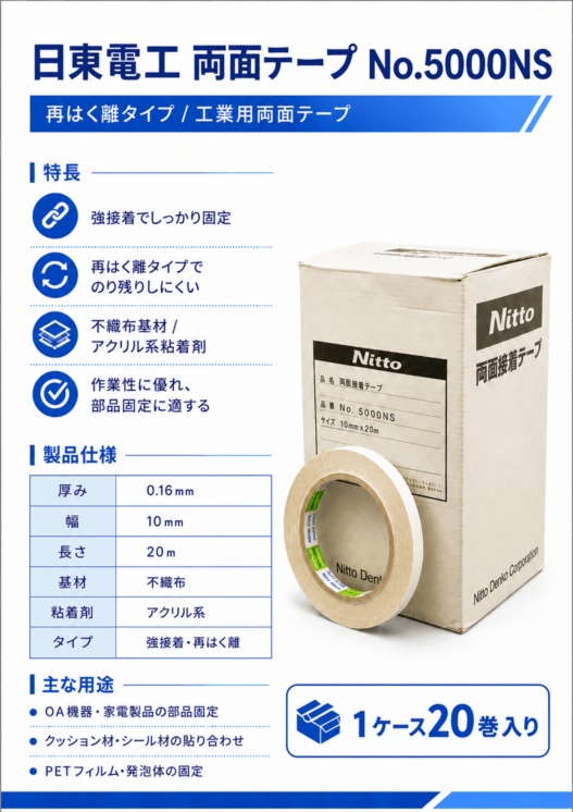 日東電工　再剥離可能　強力両面テープ　NO.5000NS　10ｍｍ×20ｍ　1ケース20巻入り