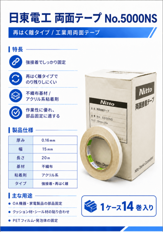 日東電工　再剥離可能　強力両面テープ　NO.5000NS　15ｍｍ×20ｍ　1ケース14巻入り