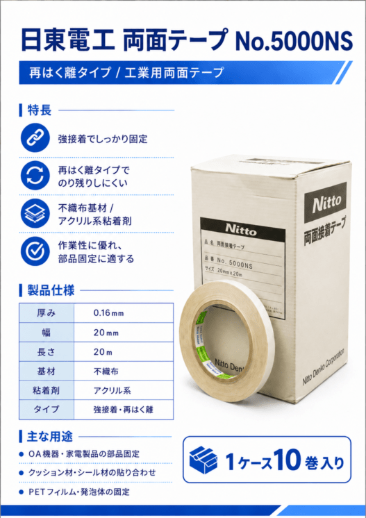 日東電工　再剥離可能　強力両面テープ　NO.5000NS　20ｍｍ×20ｍ　1ケース10巻入り