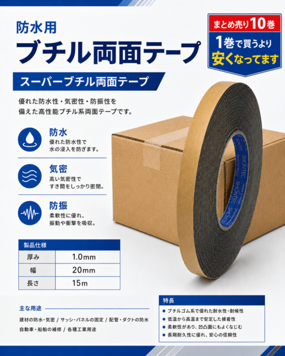 マクセル　スリオンテック　防水用　スーパーブチルテープ(両面)　NO.5931　20ｍｍ幅×15ｍ巻き　10巻セット