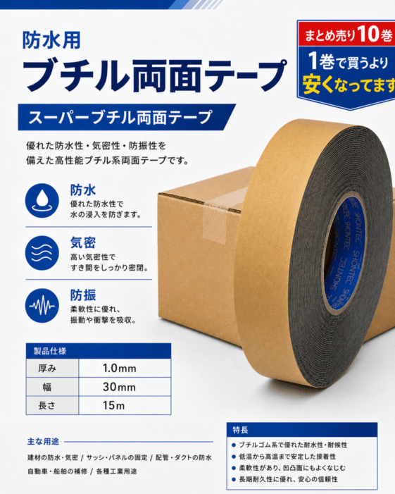マクセル　スリオンテック　防水用　スーパーブチルテープ(両面)　NO.5931　30ｍｍ幅×15ｍ巻き　10巻セット