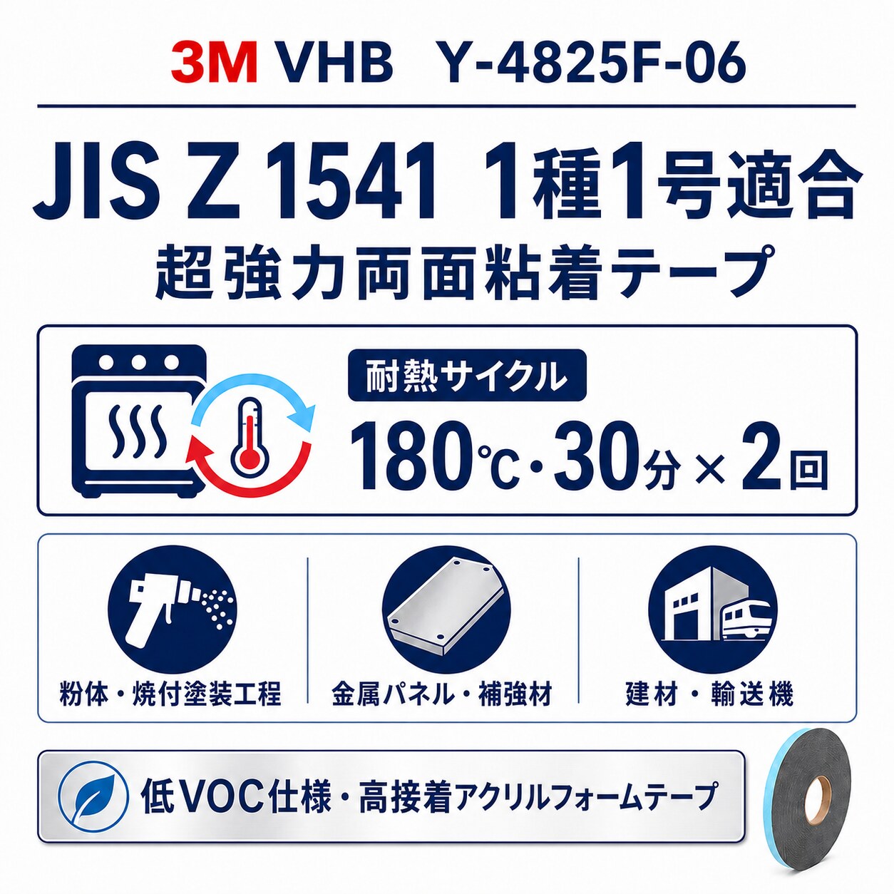 3M VHB Y-4825F-06 構造用アクリルフォーム両面テープ 厚み0.6mm×10mm幅×33m巻き