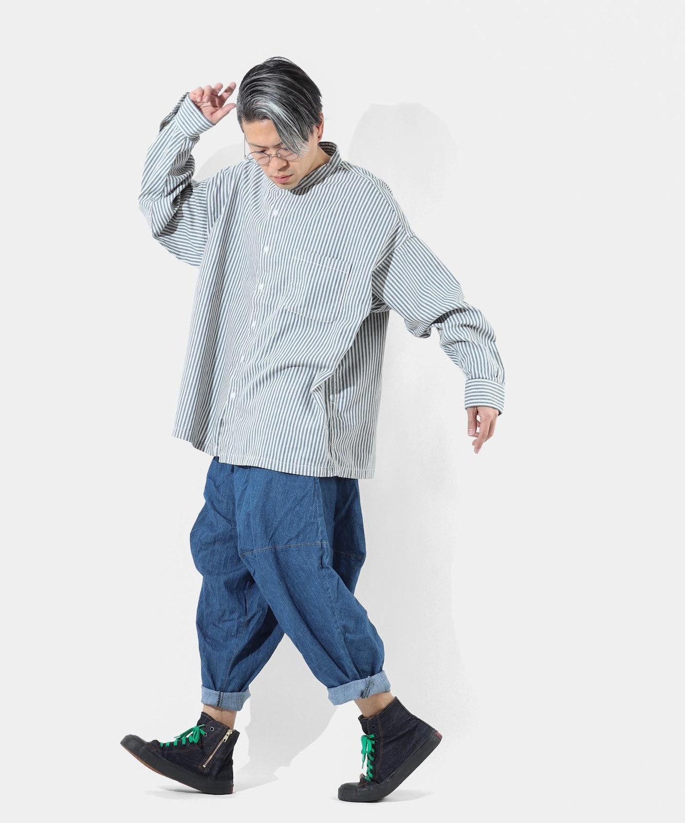 Big Silhouette No Collar Hickory Shirt by LELAX / ӥå륨åȥΡ顼ҥå꡼ by LELAX