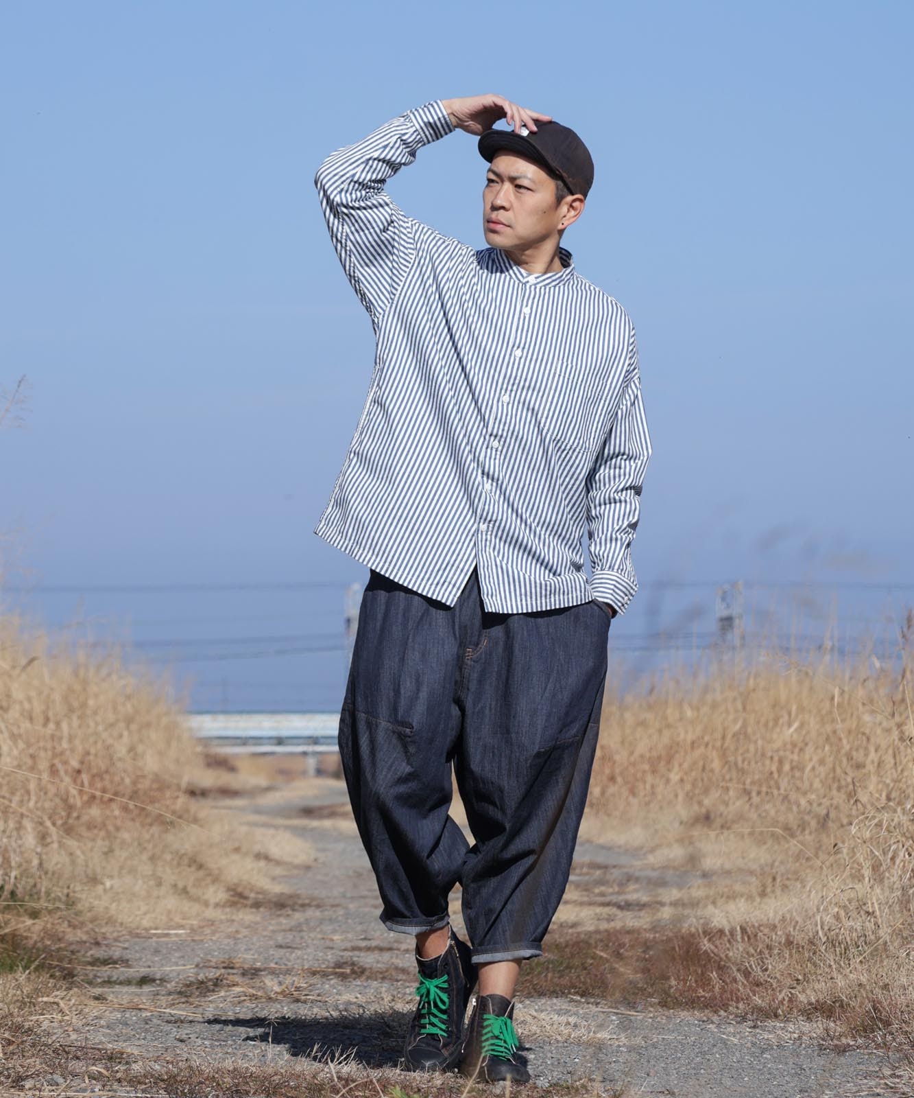 Big Silhouette No Collar Hickory Shirt by LELAX / ビッグシルエット