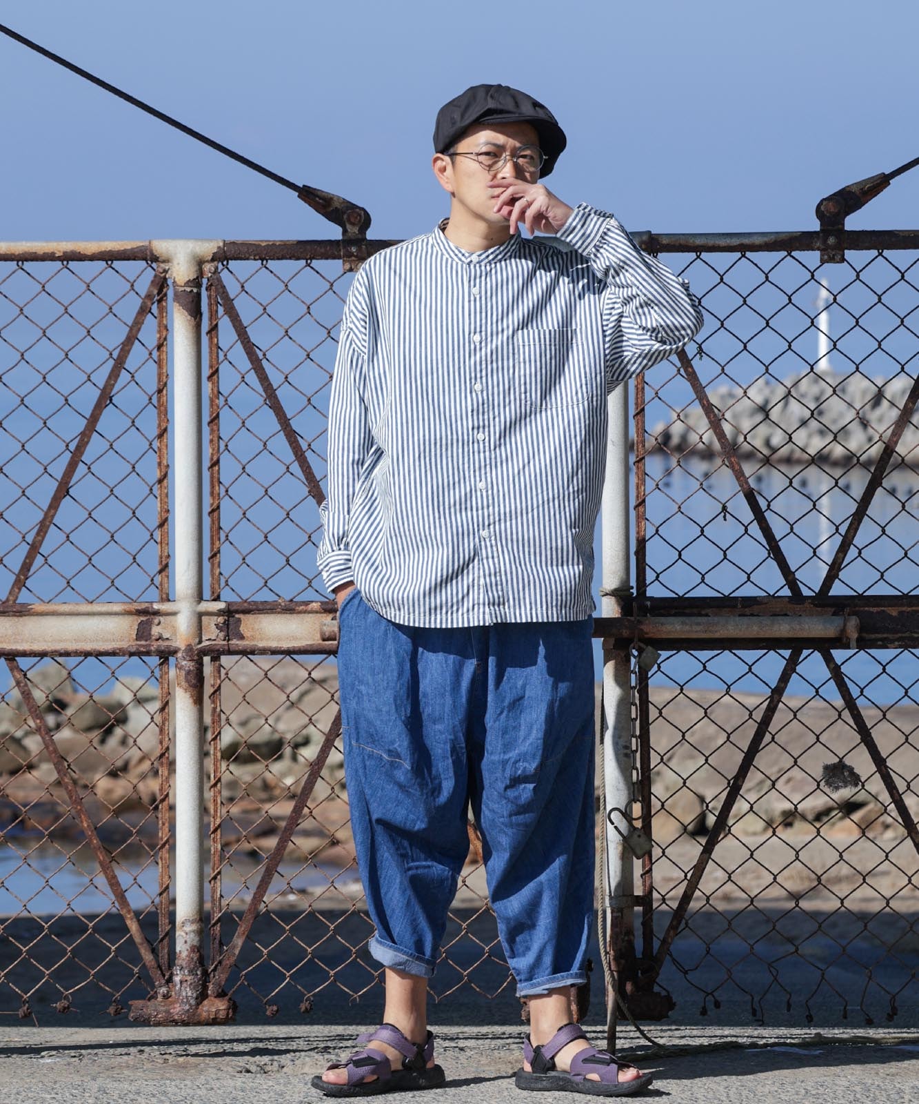 Big Silhouette No Collar Hickory Shirt by LELAX / ビッグシルエット