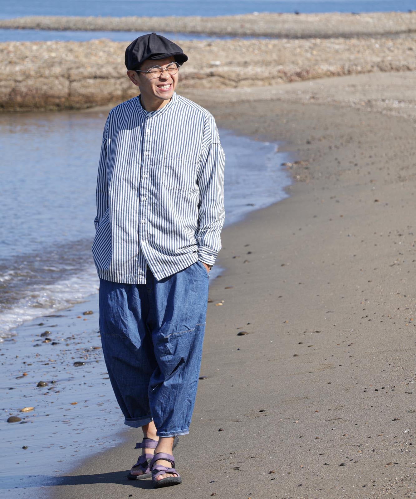 Big Silhouette No Collar Hickory Shirt by LELAX / ビッグシルエットノーカラーヒッコリーシャツ by LELAX