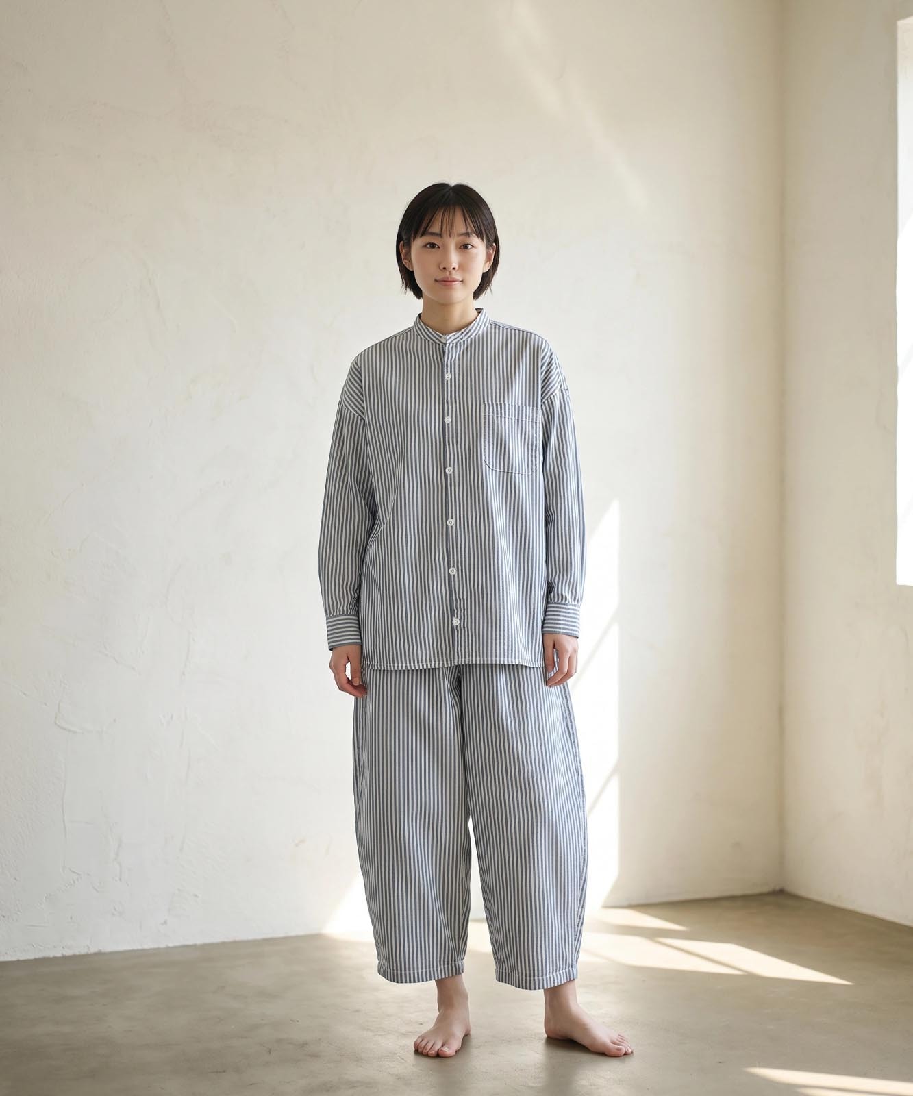 Big Silhouette No Collar Hickory Shirt by LELAX / ビッグシルエット