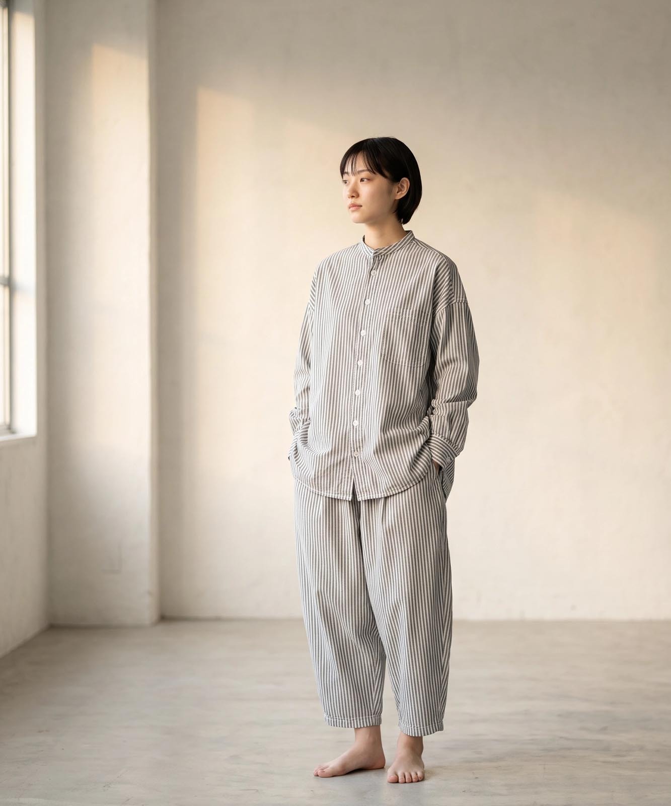 Big Silhouette No Collar Hickory Shirt by LELAX / ビッグシルエットノーカラーヒッコリーシャツ by LELAX