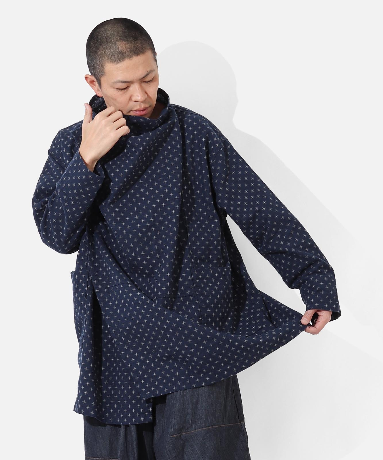 Kasuri Jyumonji Drape Coat by LELAX / かすり十文字 ドレープコート by LELAX