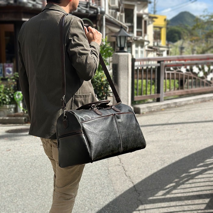 ボストンバッグ 日本製 豊岡製鞄 メンズ レディース 白化合皮 レトロ ヴィンテージ 旅行 出張 黒 キャメル 2泊 3泊 32L BRELIOUS KBN10438