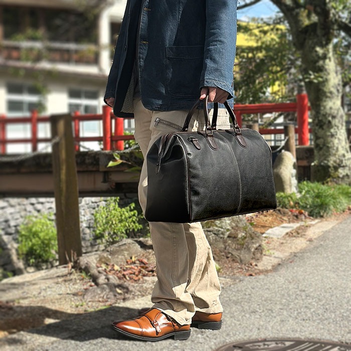 ボストンバッグ 日本製 豊岡製鞄 メンズ レディース 白化合皮 チャックダレス レトロ ヴィンテージ 旅行 出張 黒 キャメル BRELIOUS KBN10440