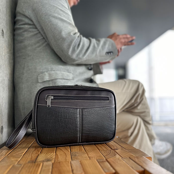 クラッチバッグ セカンドバッグ メンズ 結婚式 黒 24cm 小さめ ストラップ付き マチあり 大開き CRADLE RIVER KBN25953