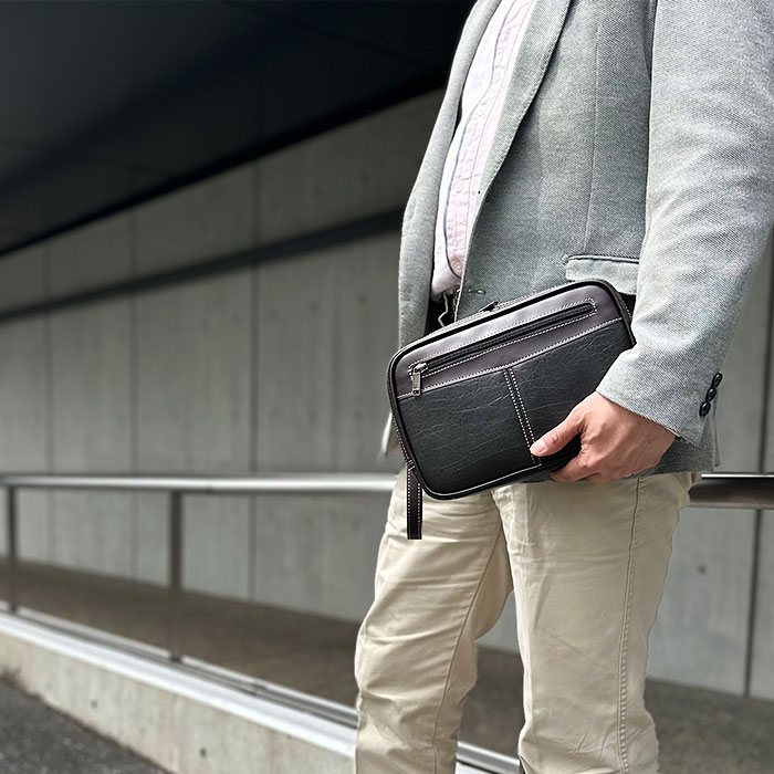 クラッチバッグ セカンドバッグ メンズ 結婚式 黒 24cm 小さめ ストラップ付き マチあり 大開き CRADLE RIVER KBN25953