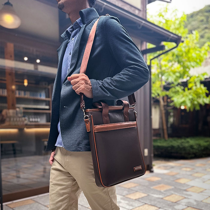 ショルダーバッグ トートバッグ メンズ A4ファイル 縦 縦型 薄マチ 黒 チョコ CRADLE RIVER KBN26719