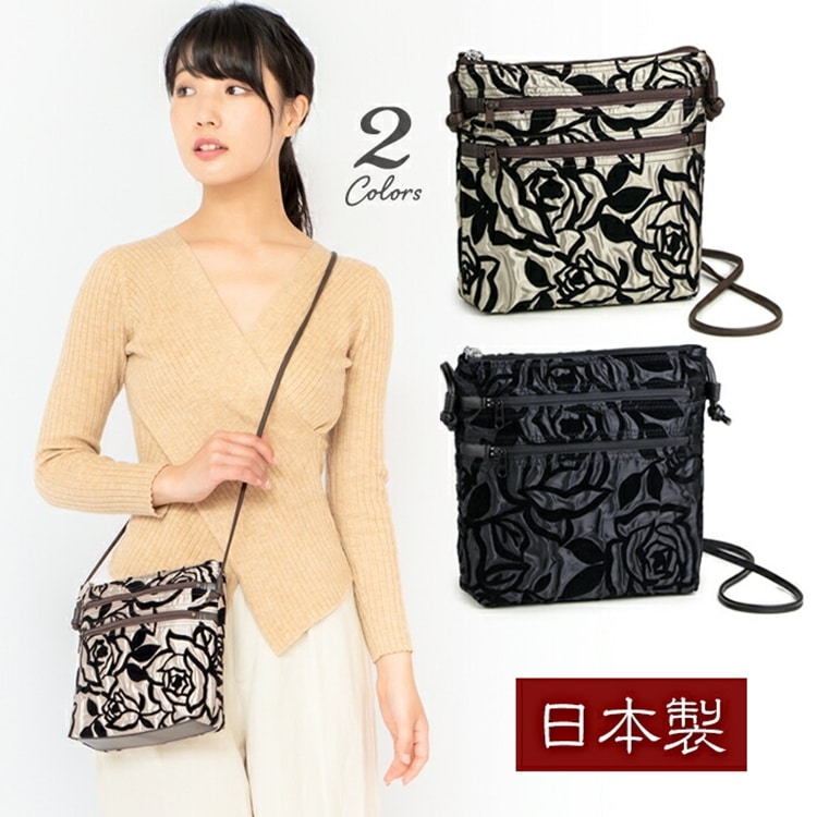日本製 ローズ柄フロッキー ショルダーバッグ 軽量