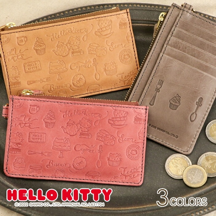 HELLO KITTY（ハローキティ）牛革 フラグメントケース レディース 薄型財布 ミニ財布 カードケース スリム 薄い「Teatime」