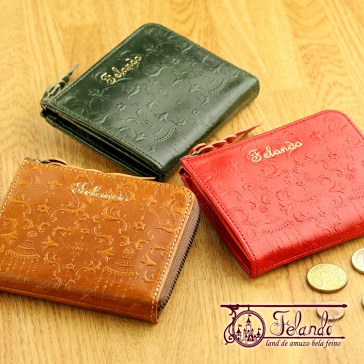 Felando（フェランド）ダマスク柄レザー 型押し 牛革 L字ファスナー 短財布「ジェシカ」Jessica