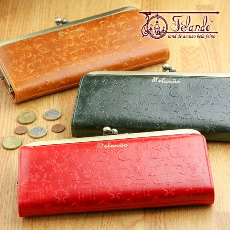 Felando（フェランド）ダマスク柄レザー 型押し 牛革 がま口長財布「ジェシカ」Jessica