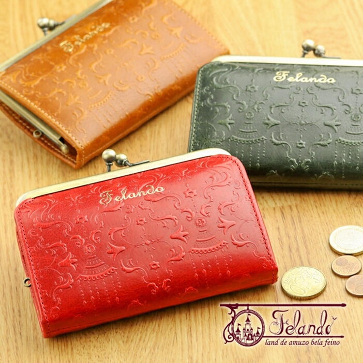 Felando（フェランド）ダマスク柄レザー 型押し 牛革 がま口財布「ジェシカ」Jessica