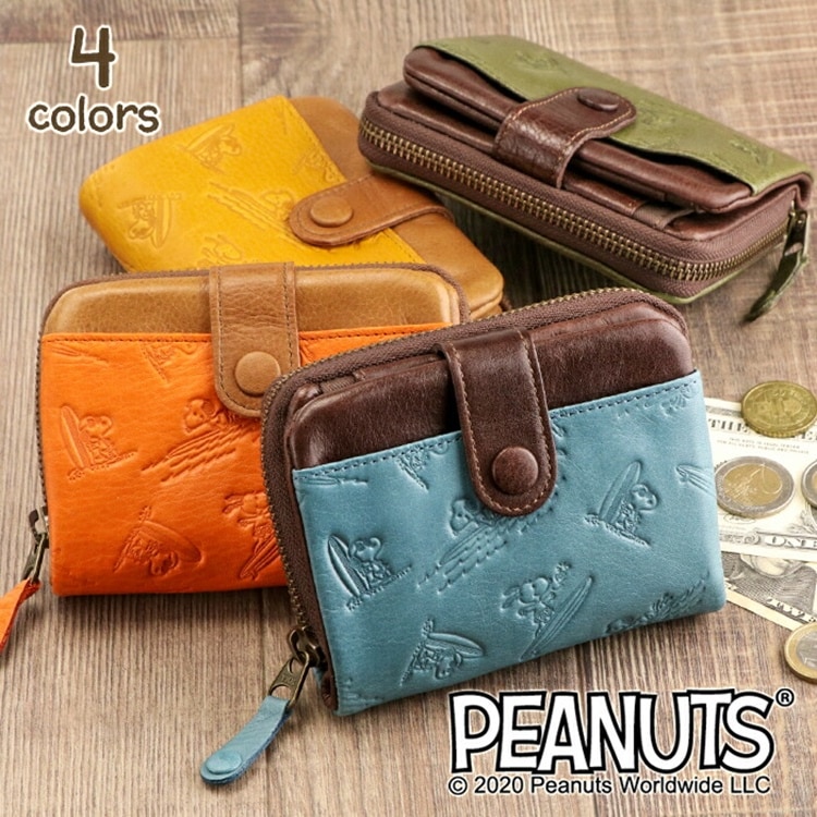 SNOOPY（スヌーピー）牛革 二つ折り財布 ラウンドファスナー「Fun!Fun!Fun!」PEANUTS サーフィン